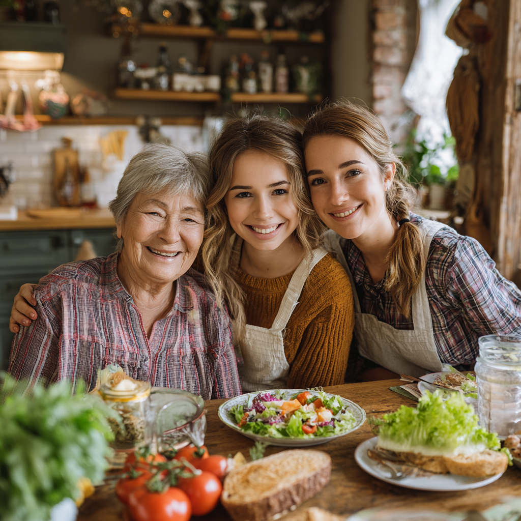 Smiling middle-aged Ukrainian woman holding a colorful plate of fresh vegetables and grains, sitting at a bright kitchen table